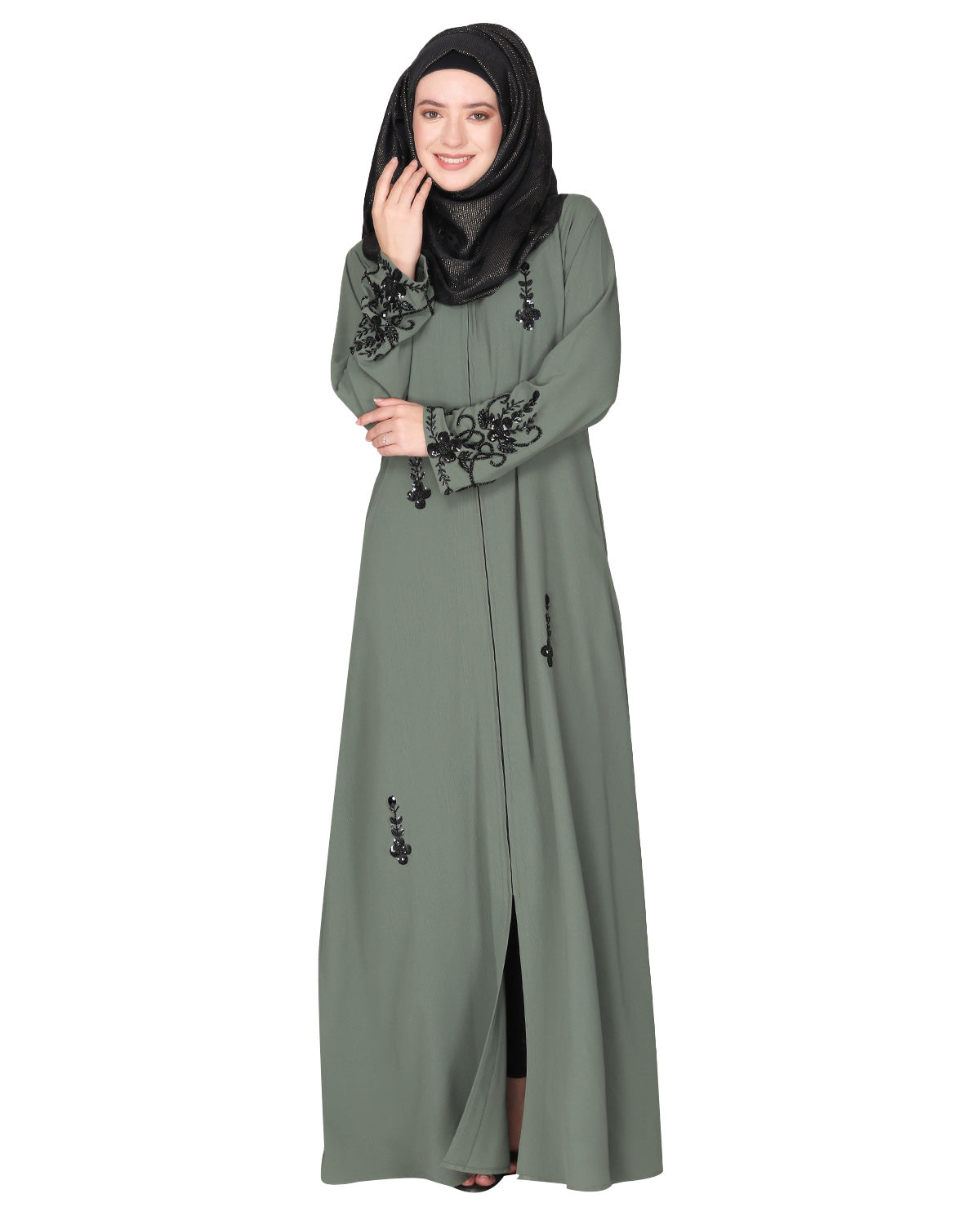 Rich hand embroidered front open abaya with itricate motif of glittering beads Dead Mint