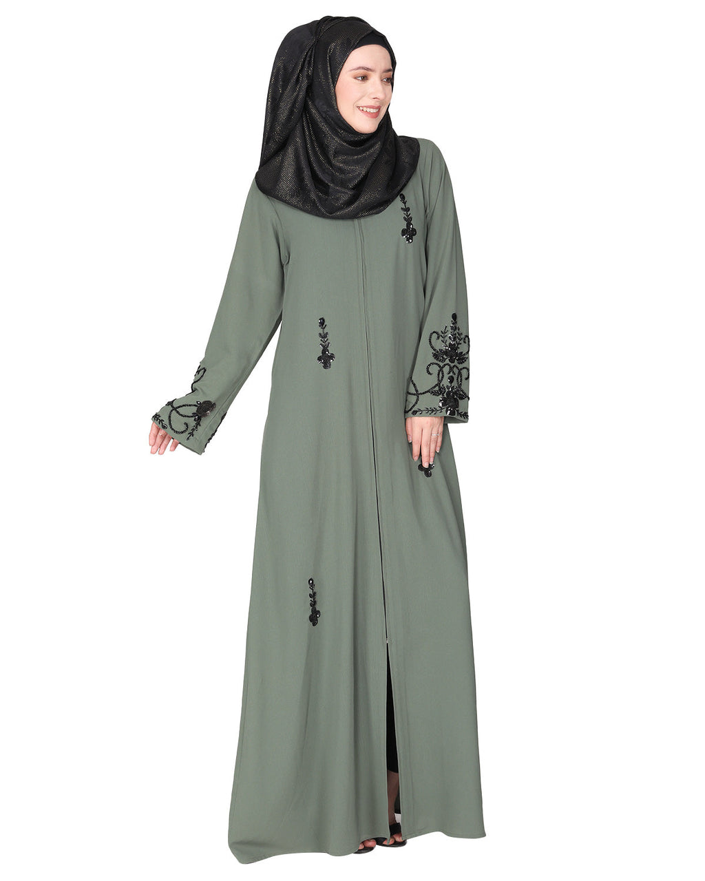 Rich hand embroidered front open abaya with itricate motif of glittering beads Dead Mint