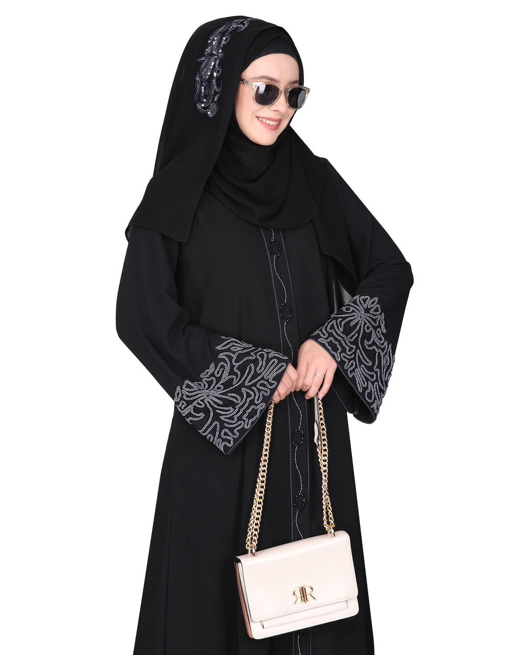 Premium handembroidered front open abaya with gleaming dual seed beads Black