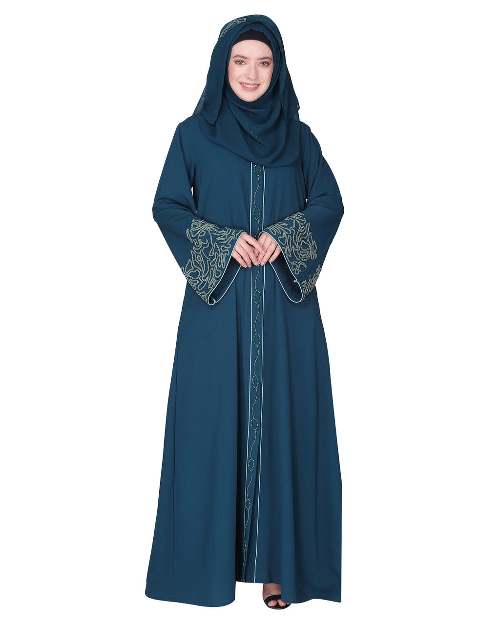 Premium handembroidered front open abaya with gleaming dual seed beads Bottle Green