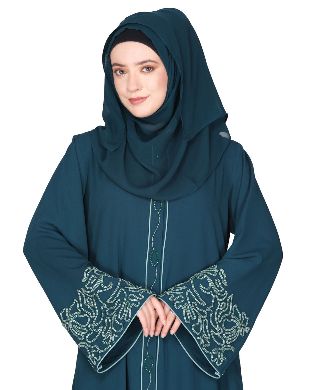 Premium handembroidered front open abaya with gleaming dual seed beads Bottle Green
