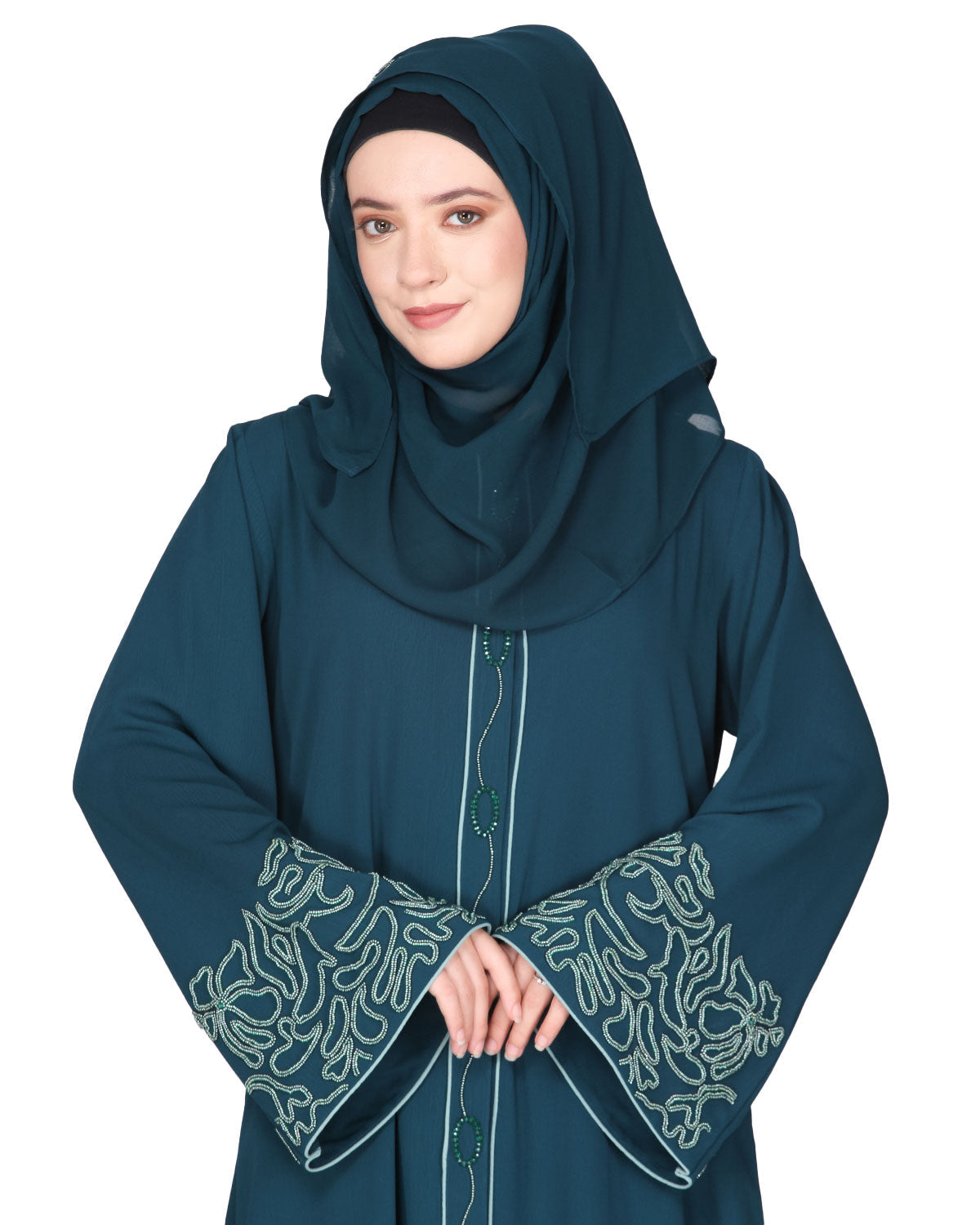 Premium handembroidered front open abaya with gleaming dual seed beads Bottle Green