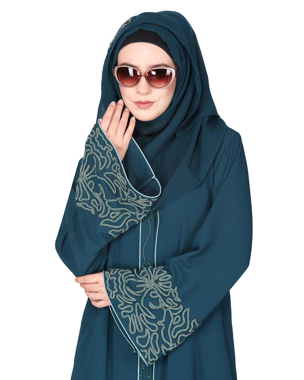 Premium handembroidered front open abaya with gleaming dual seed beads Bottle Green