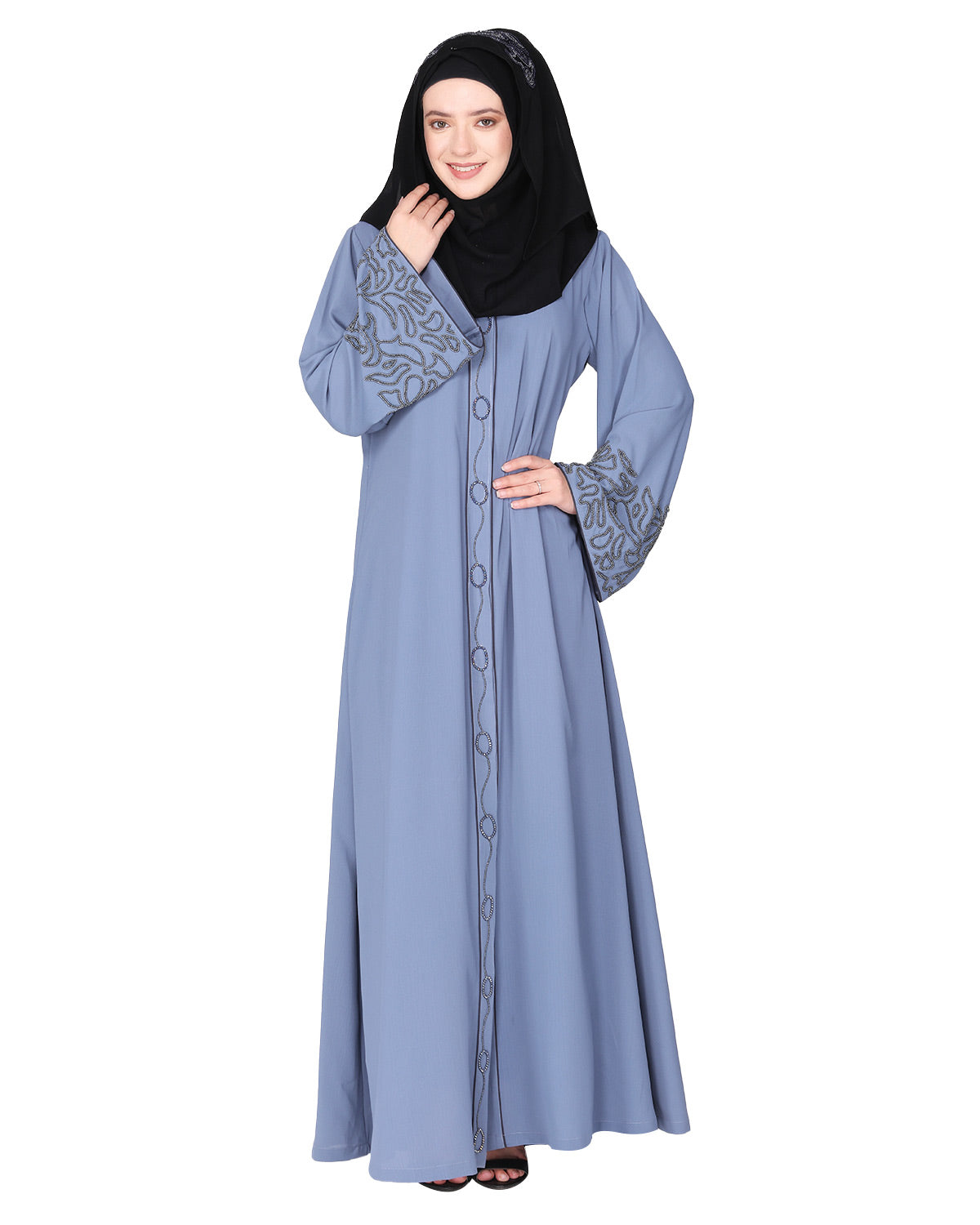 Premium handembroidered front open abaya with gleaming dual seed beads Light Grey