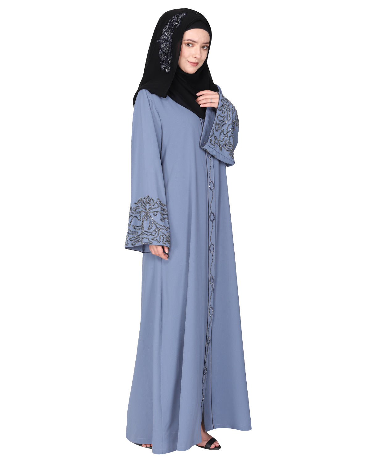 Premium handembroidered front open abaya with gleaming dual seed beads Light Grey