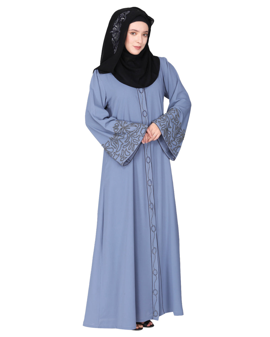 Premium handembroidered front open abaya with gleaming dual seed beads Light Grey