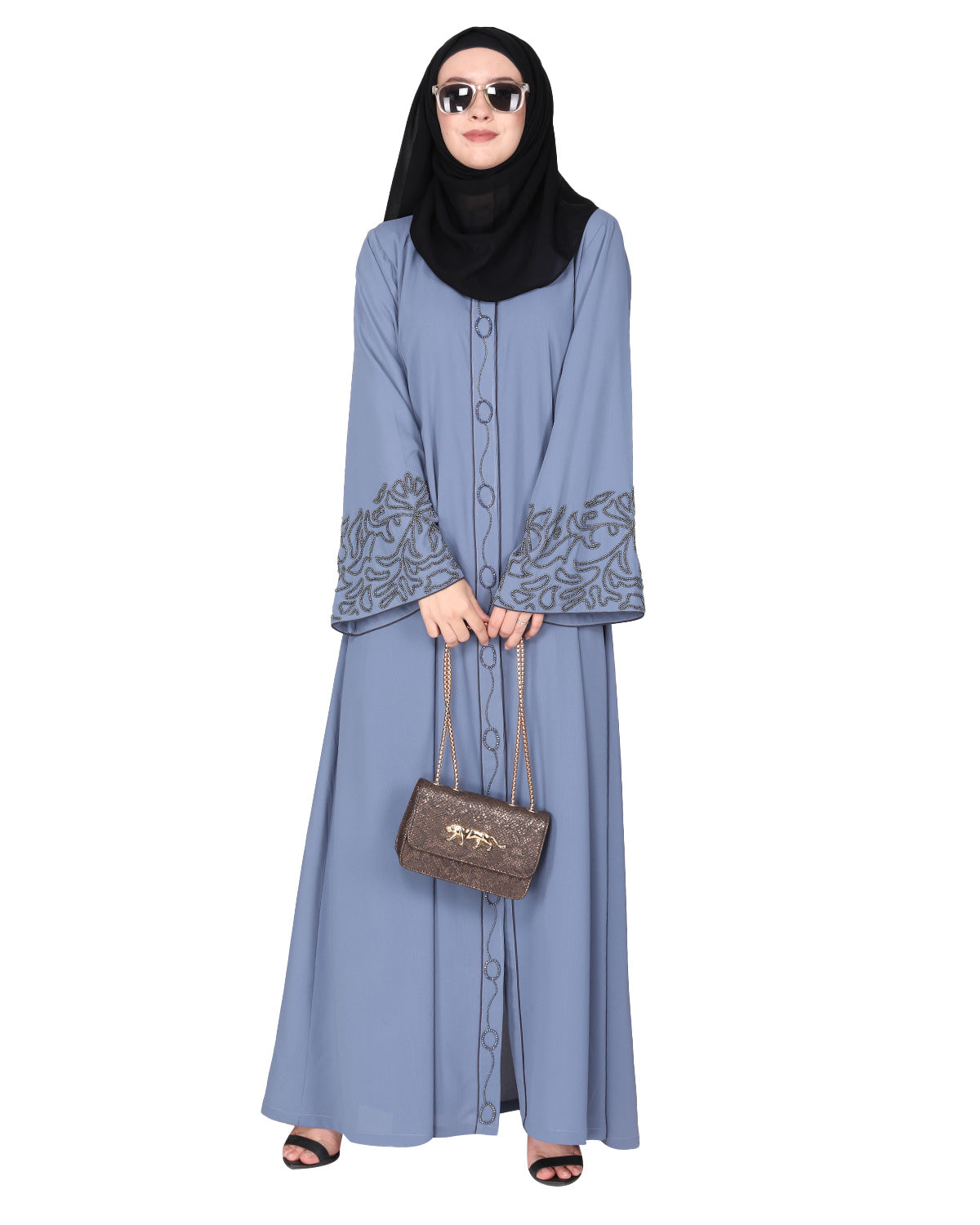 Premium handembroidered front open abaya with gleaming dual seed beads Light Grey