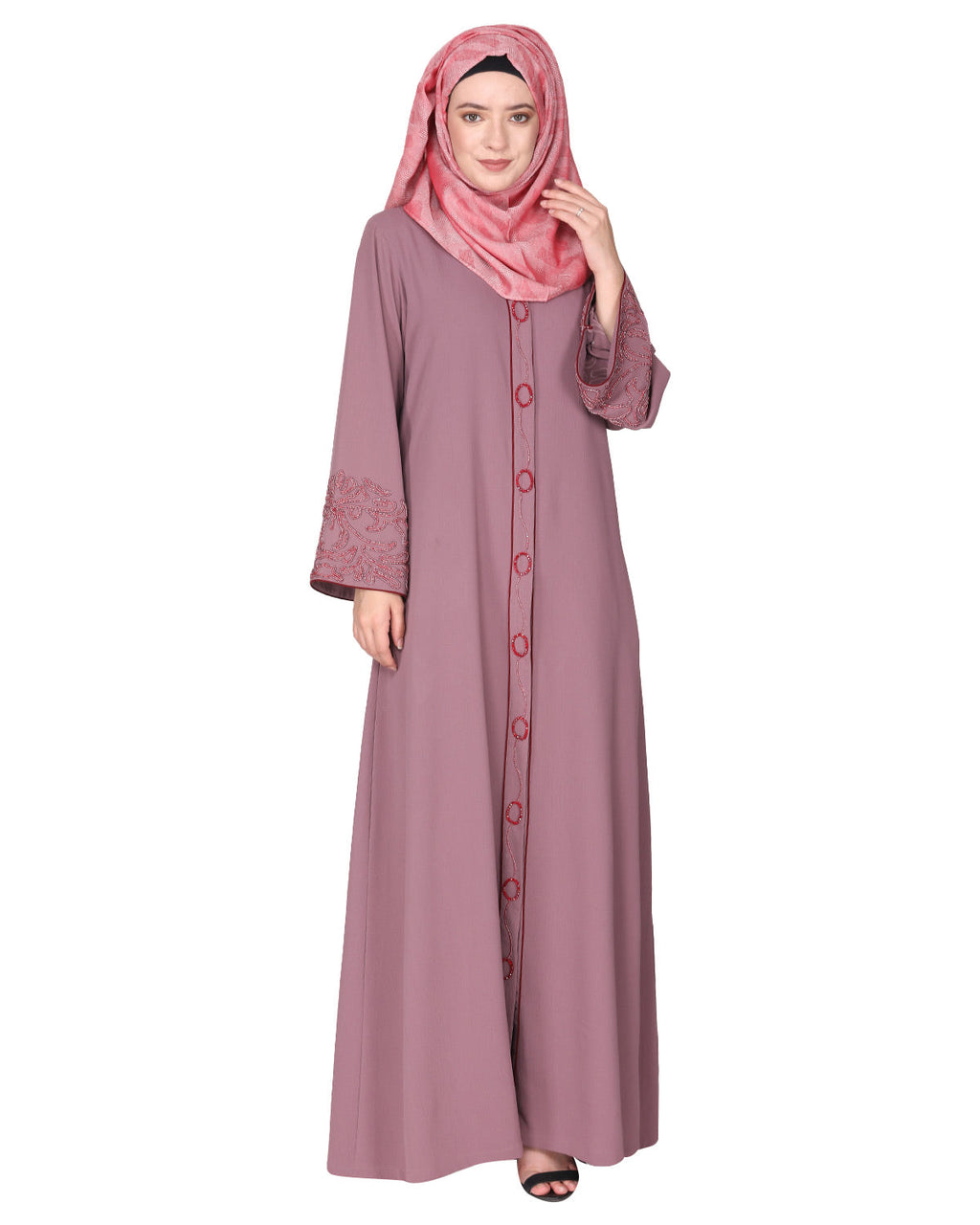 Premium handembroidered front open abaya with gleaming dual seed beads Onion Pink