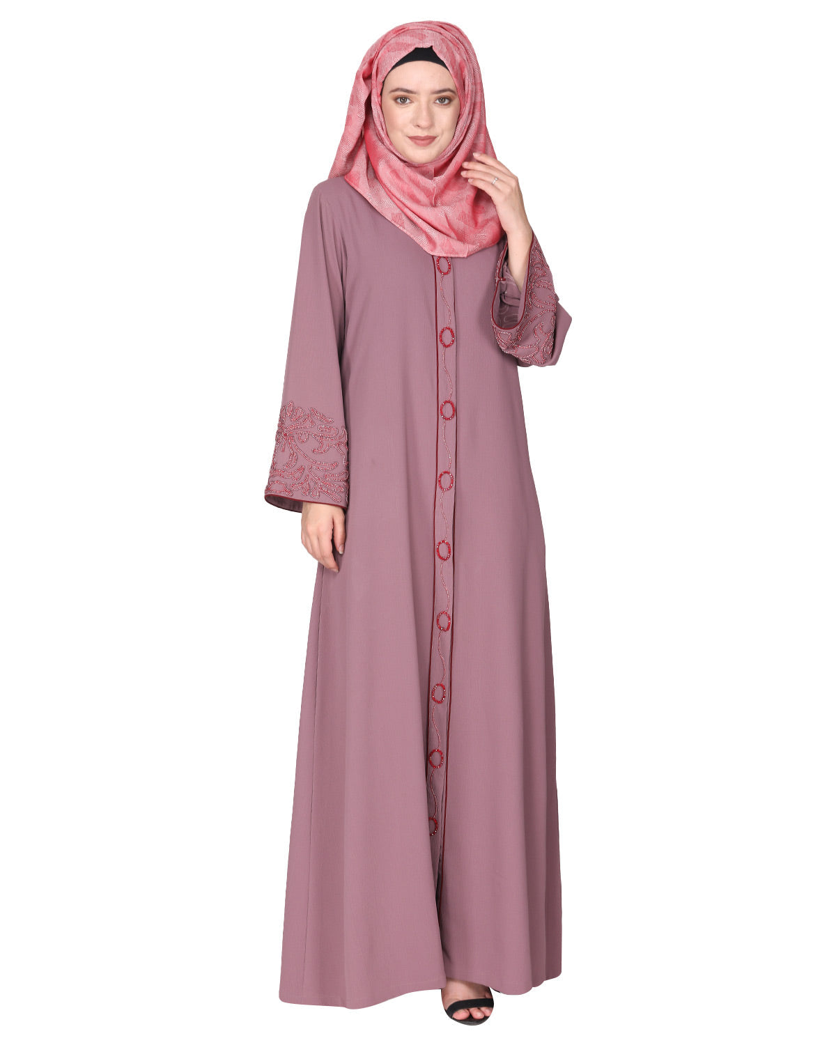 Premium handembroidered front open abaya with gleaming dual seed beads Onion Pink