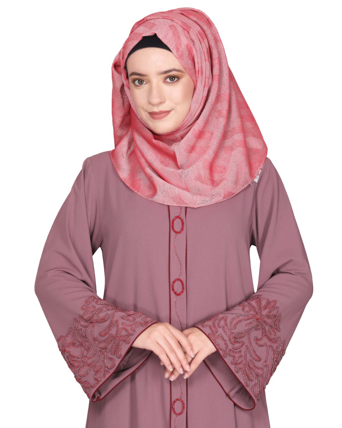 Premium handembroidered front open abaya with gleaming dual seed beads Onion Pink