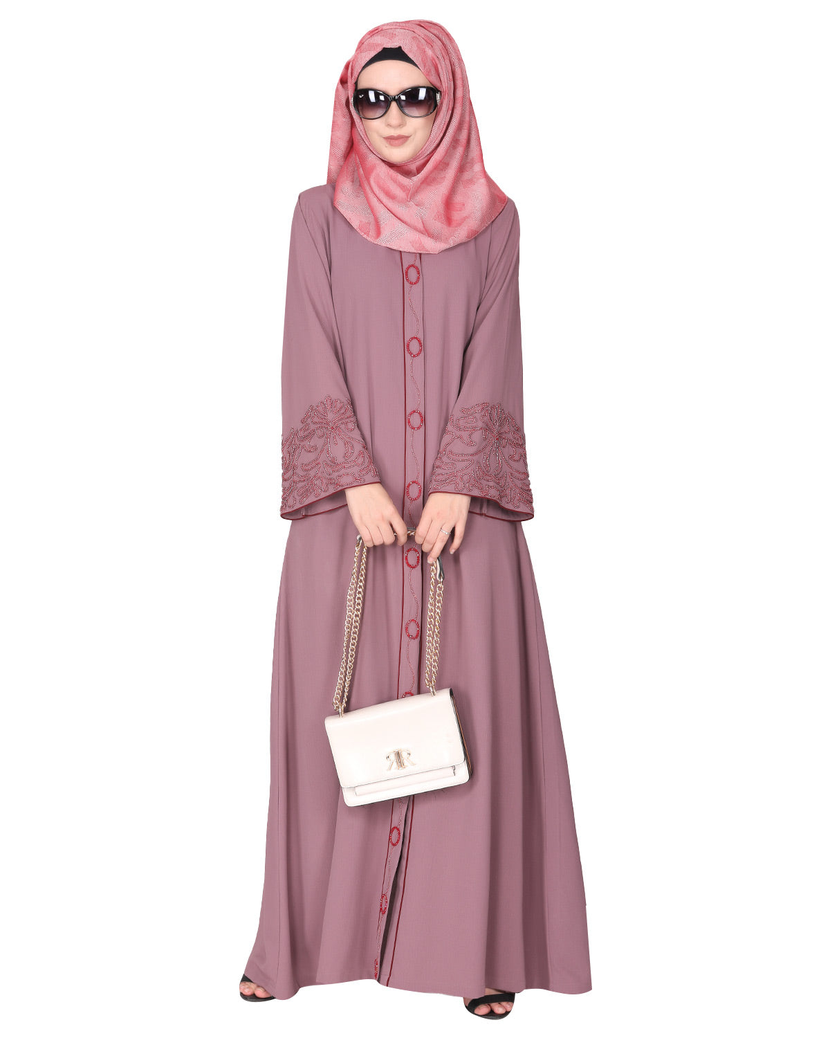 Premium handembroidered front open abaya with gleaming dual seed beads Onion Pink