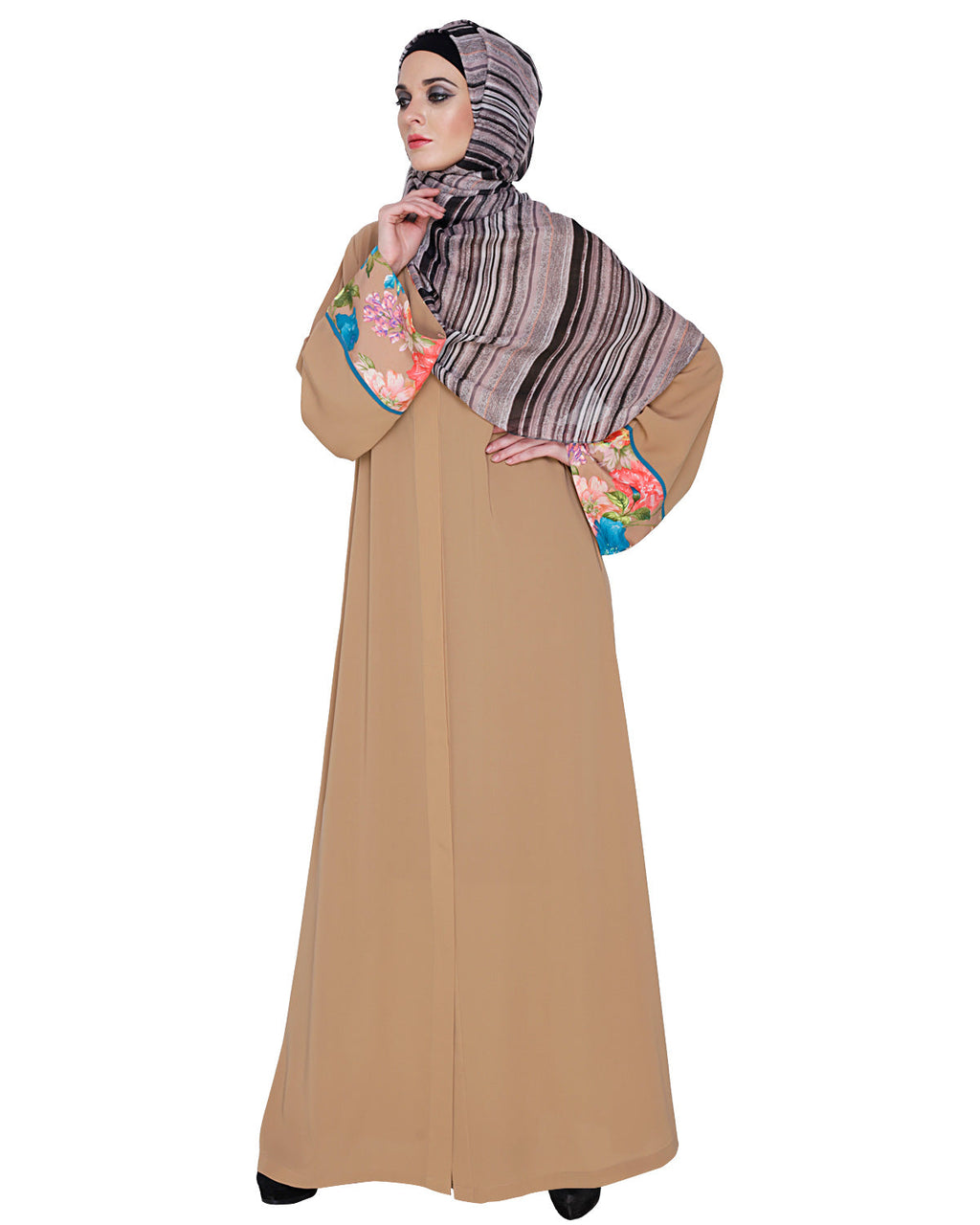 Golden Lace Embellished Abaya Beige