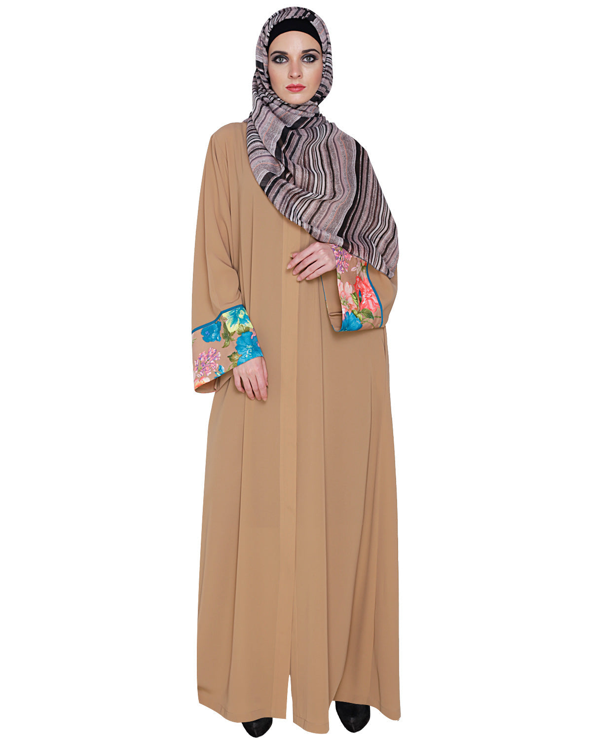 Golden Lace Embellished Abaya Beige