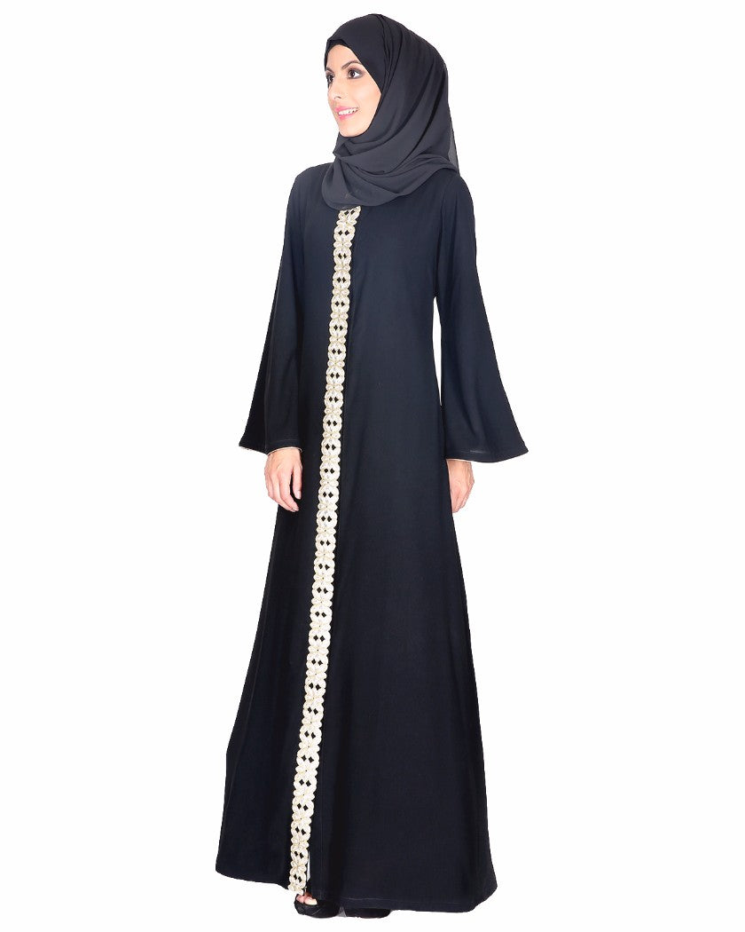 Golden Lace Embellished Abaya Black