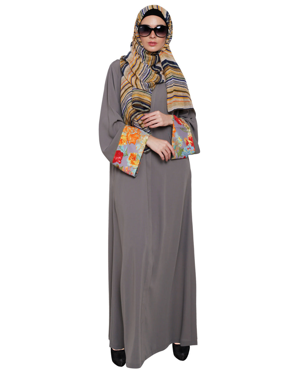 Golden Lace Embellished Abaya Grey