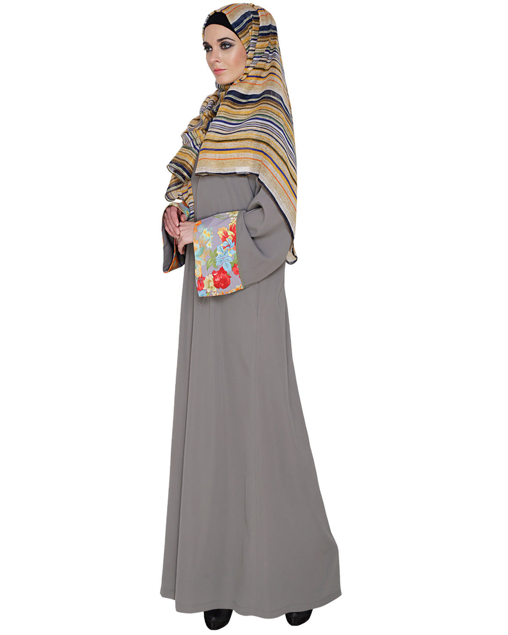 Golden Lace Embellished Abaya Grey