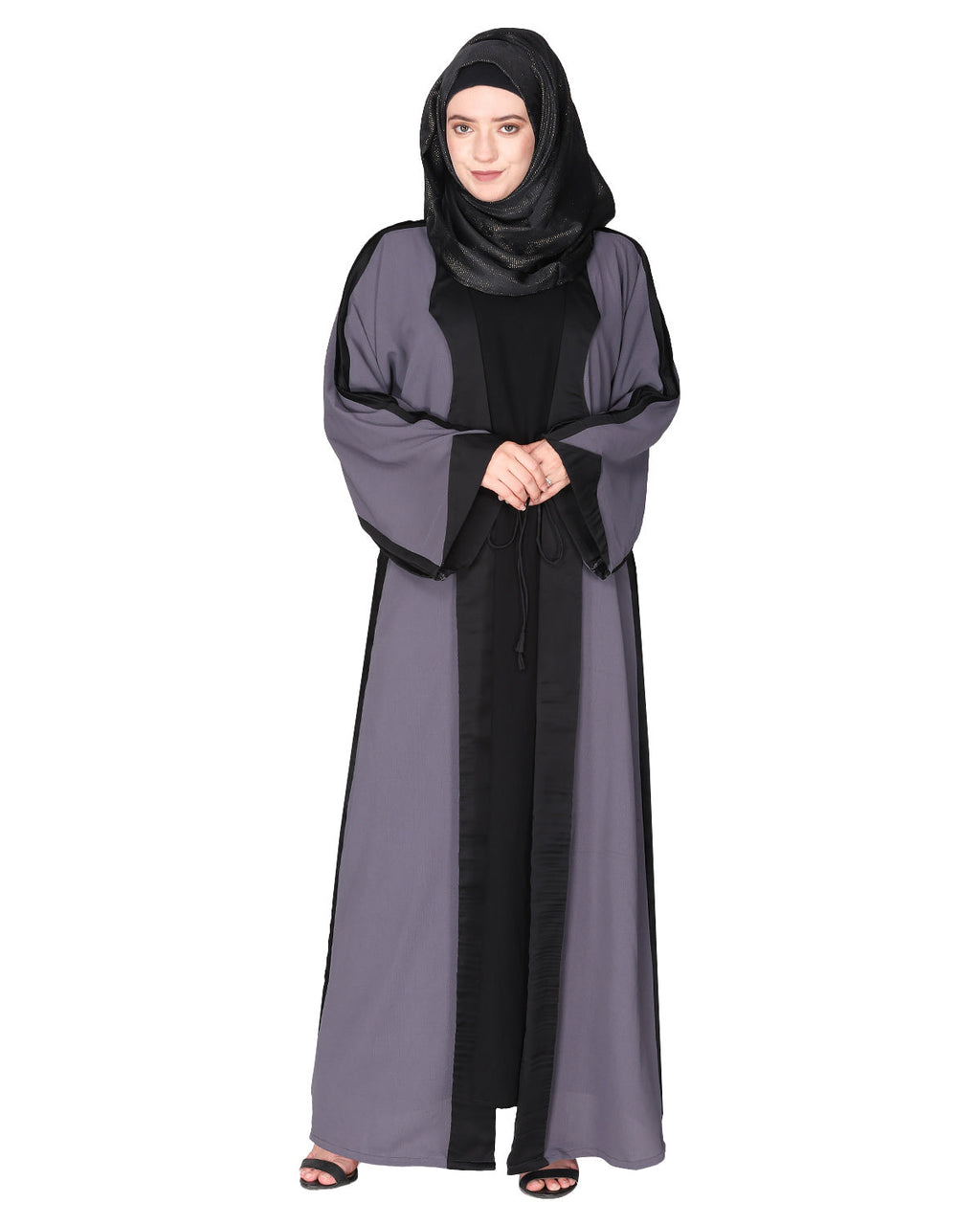 Smart casual shrug styl abaya with distinct reverse sleeves & collar. Dark Grey