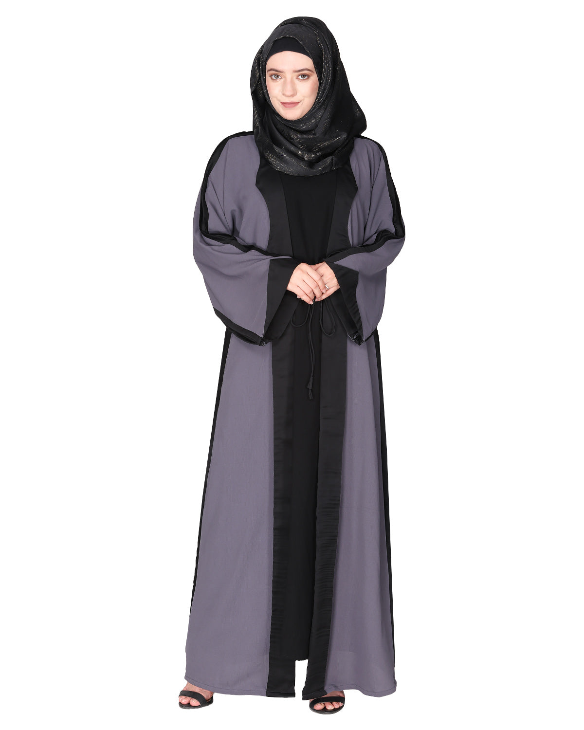 Smart casual shrug styl abaya with distinct reverse sleeves & collar. Dark Grey