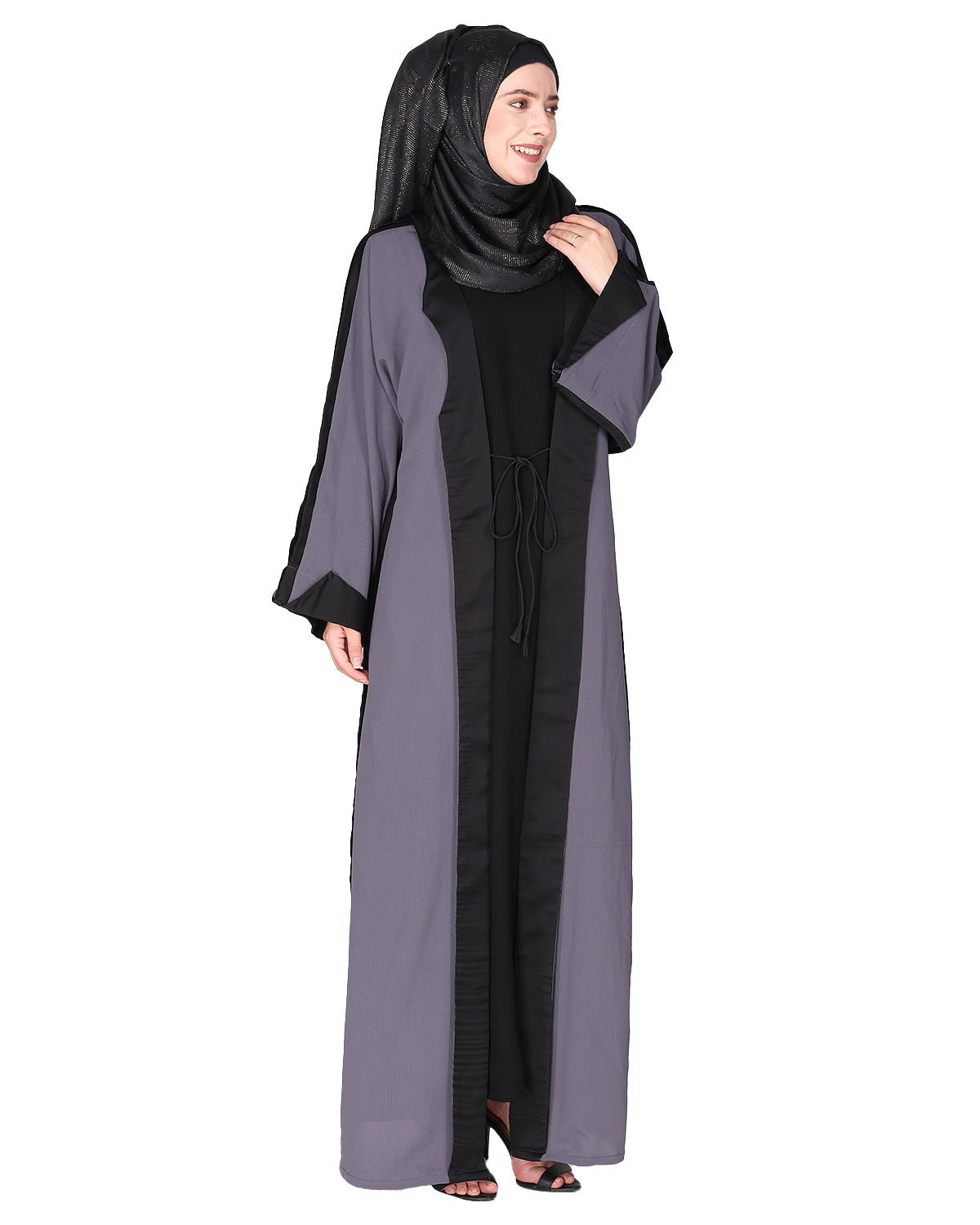Smart casual shrug styl abaya with distinct reverse sleeves & collar. Dark Grey