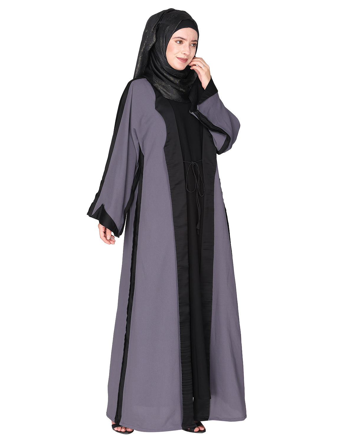 Smart casual shrug styl abaya with distinct reverse sleeves & collar. Dark Grey