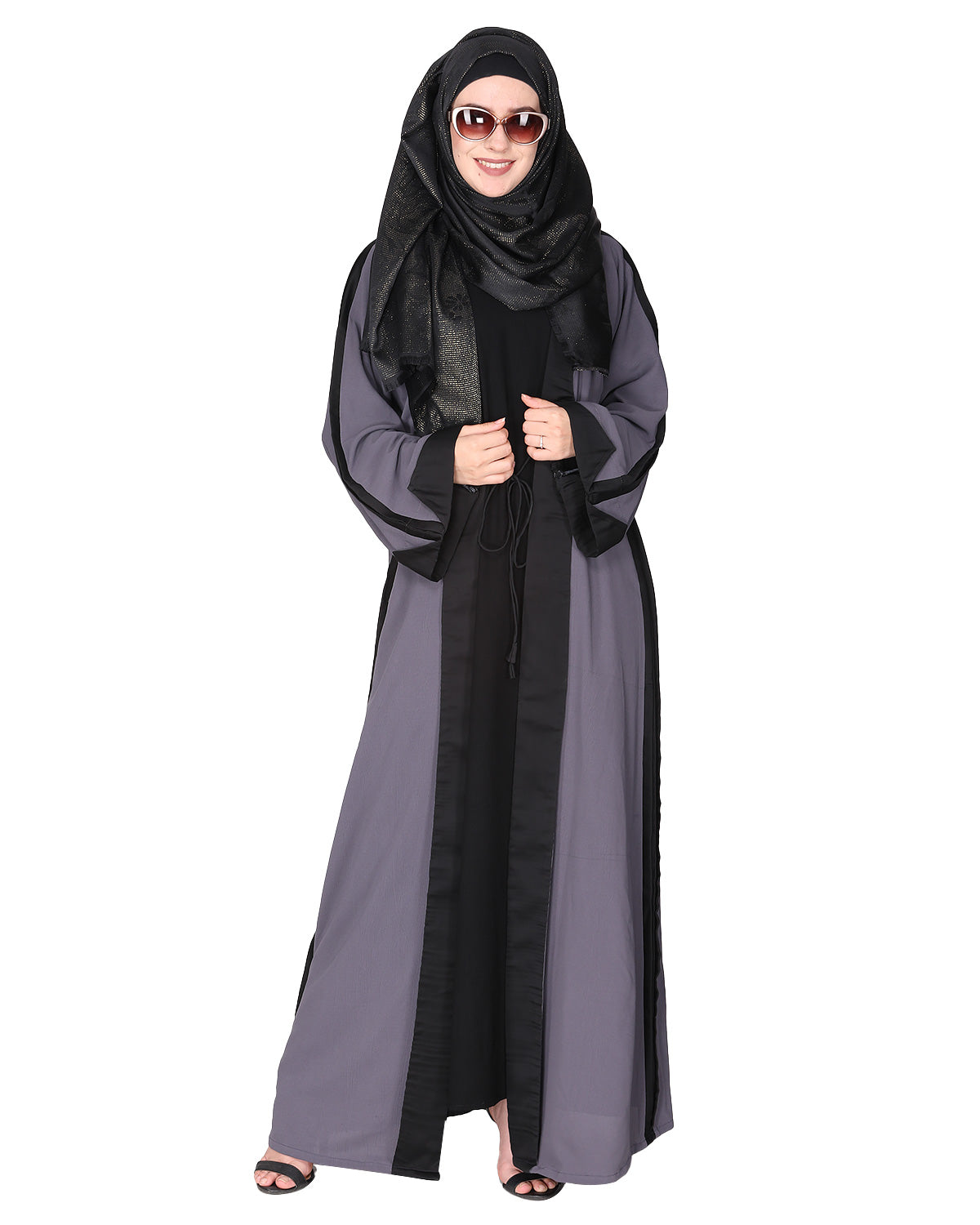 Smart casual shrug styl abaya with distinct reverse sleeves & collar. Dark Grey