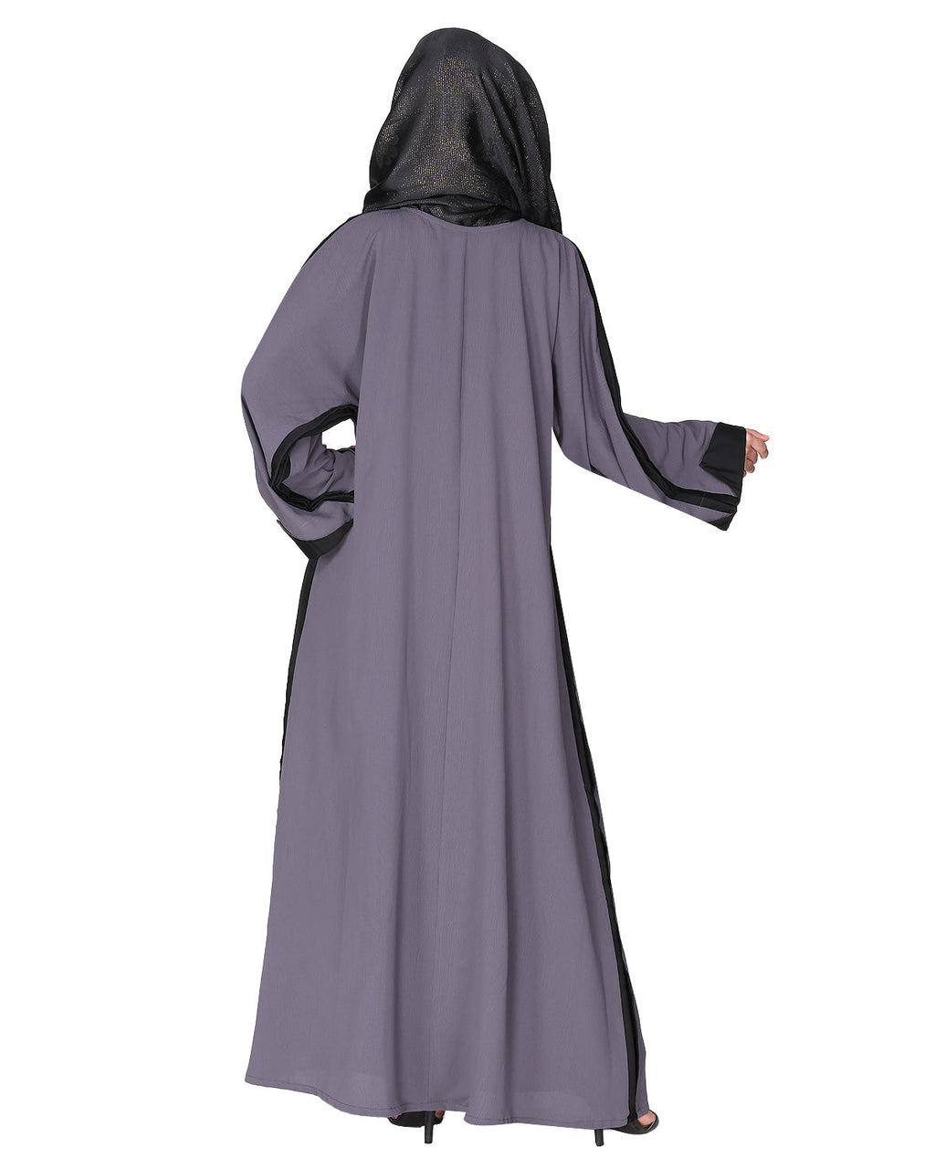 Smart casual shrug styl abaya with distinct reverse sleeves & collar. Dark Grey
