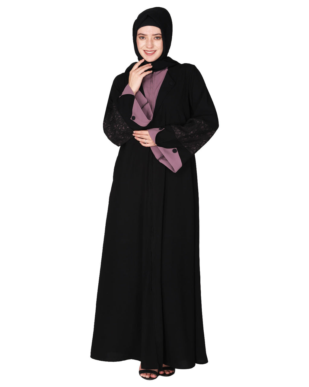 Contemporary jacket type front open abaya with stylish laced sleeves Purple & Black