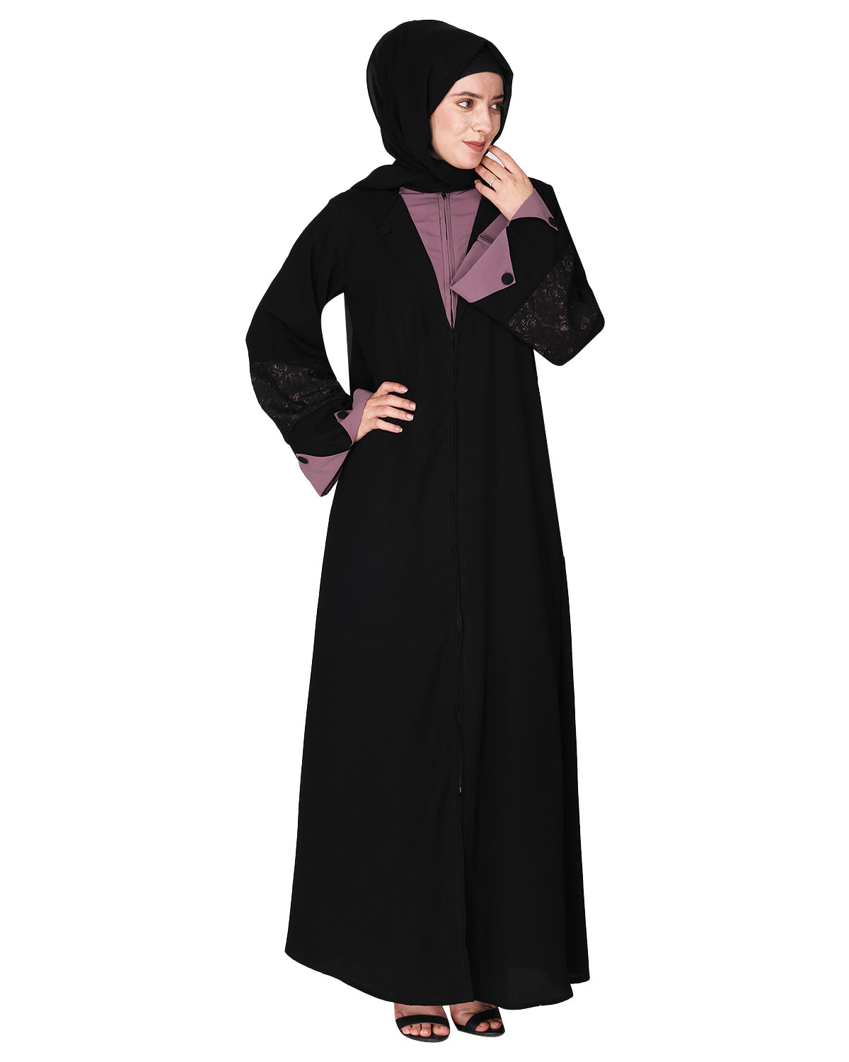 Contemporary jacket type front open abaya with stylish laced sleeves Purple & Black
