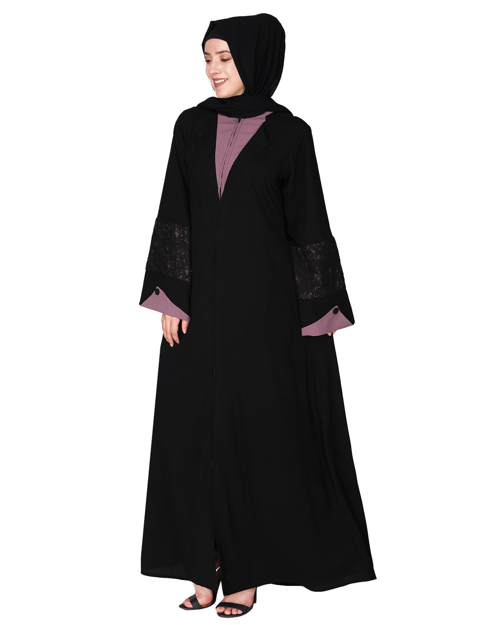 Contemporary jacket type front open abaya with stylish laced sleeves Purple & Black