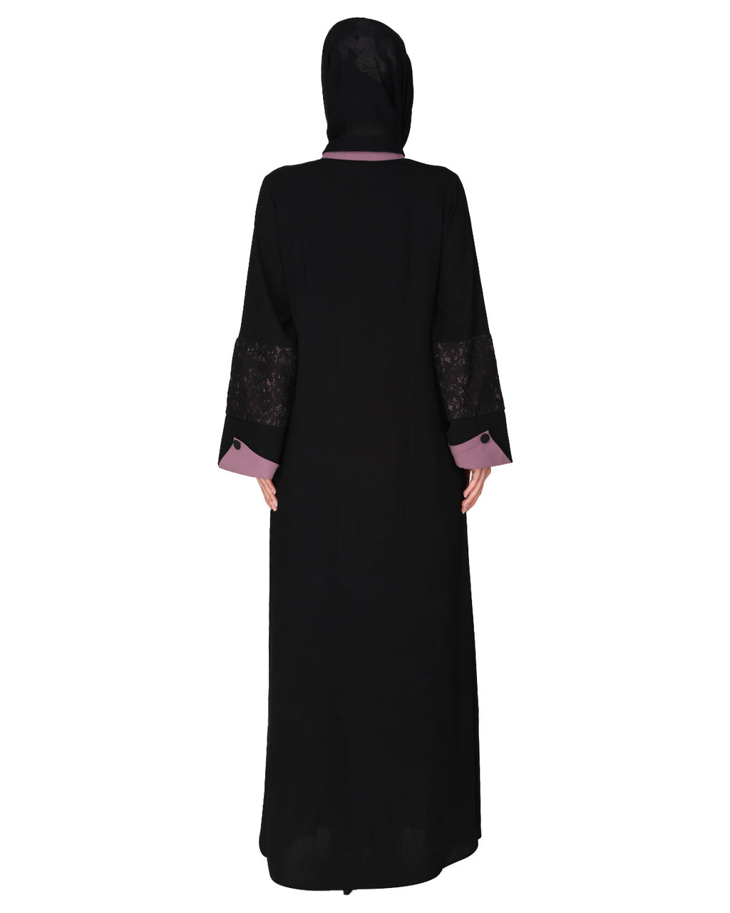 Contemporary jacket type front open abaya with stylish laced sleeves Purple & Black