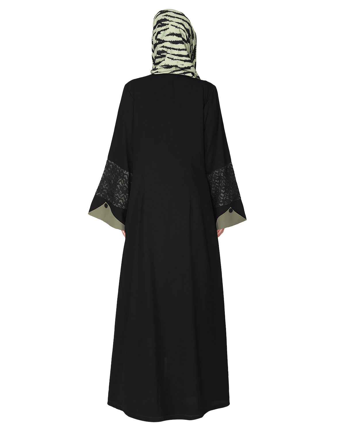 Contemporary jacket type front open abaya with stylish laced sleeves Green & Black