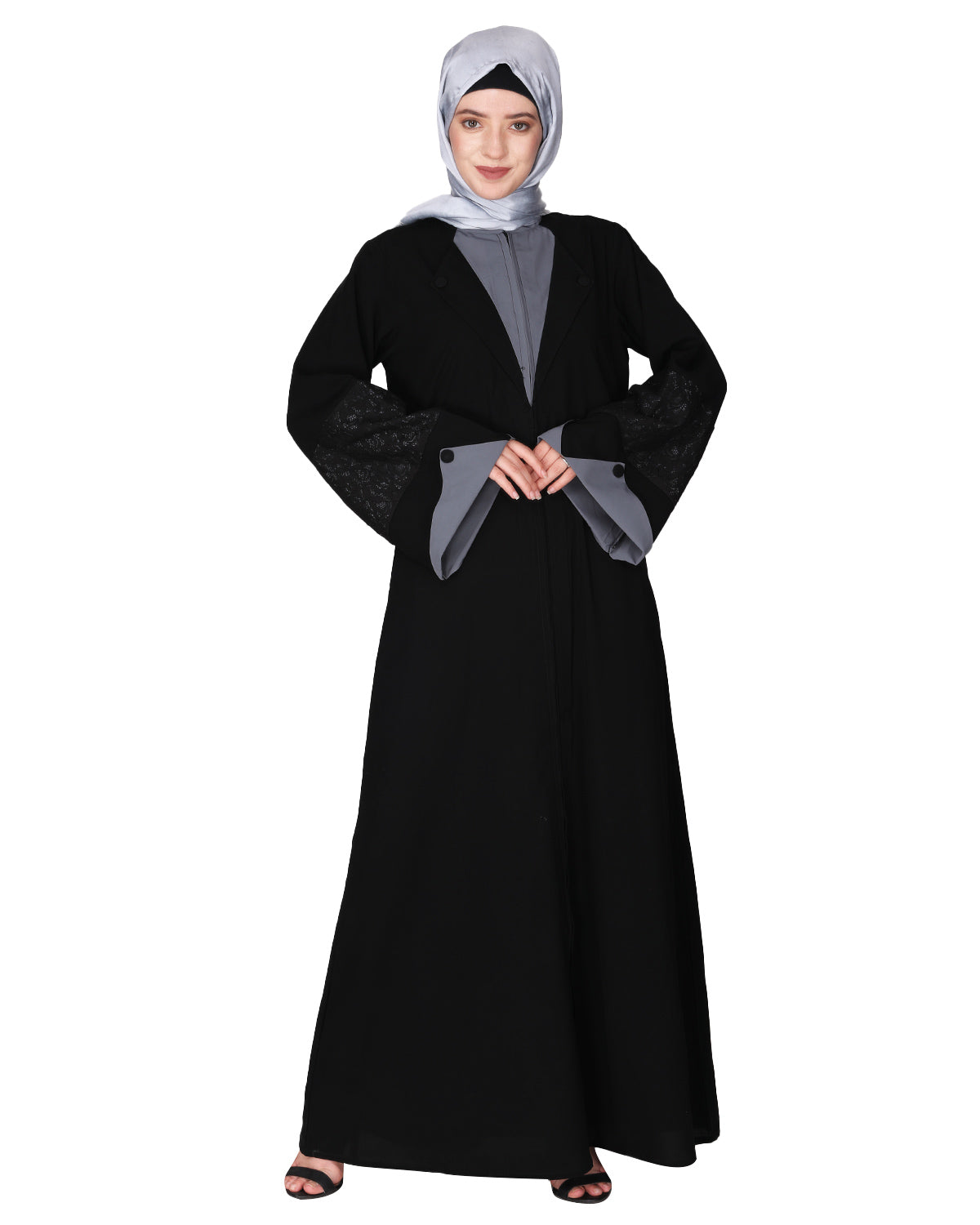 Contemporary jacket type front open abaya with stylish laced sleeves Black & Grey