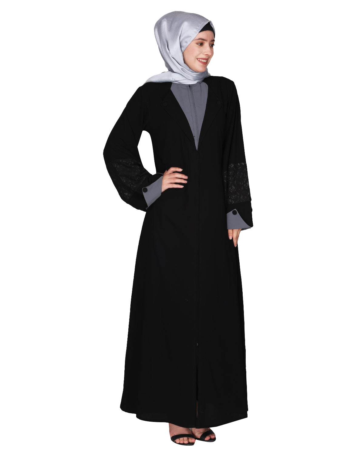 Contemporary jacket type front open abaya with stylish laced sleeves Black & Grey