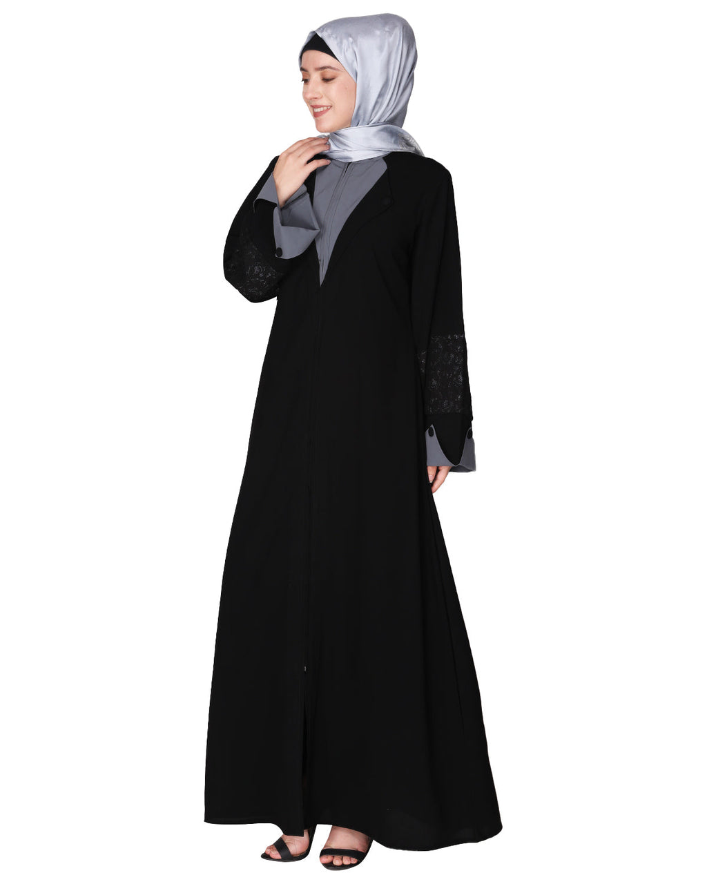 Contemporary jacket type front open abaya with stylish laced sleeves Black & Grey