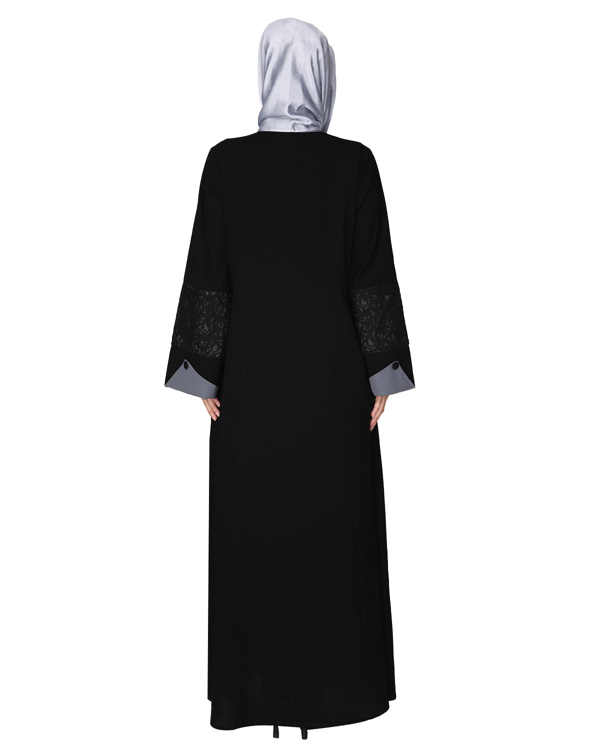 Contemporary jacket type front open abaya with stylish laced sleeves Black & Grey