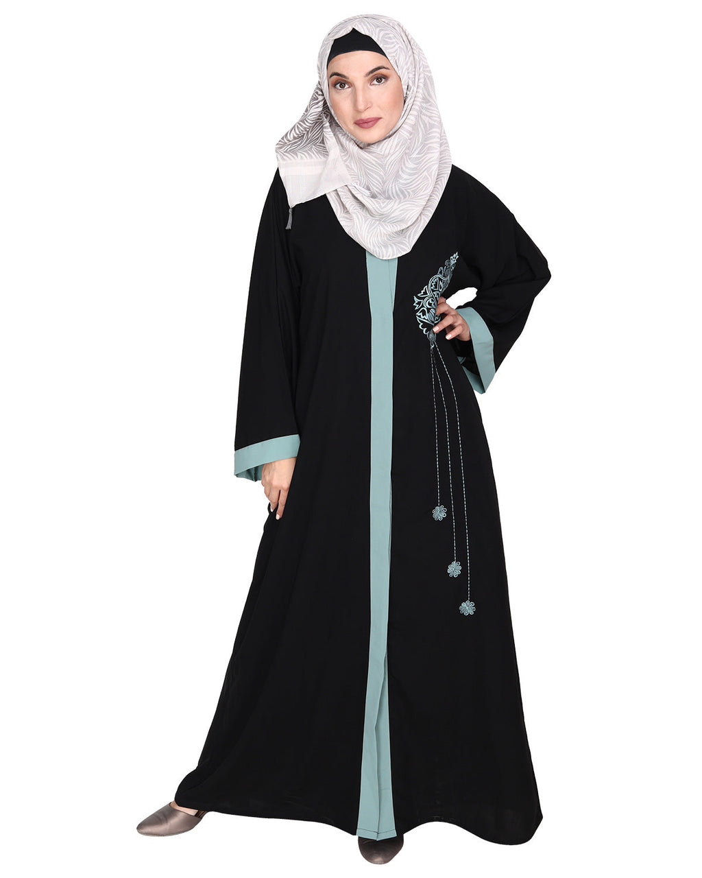 Contemporary jacket type front open abaya with stylish laced sleeves Black & Sage