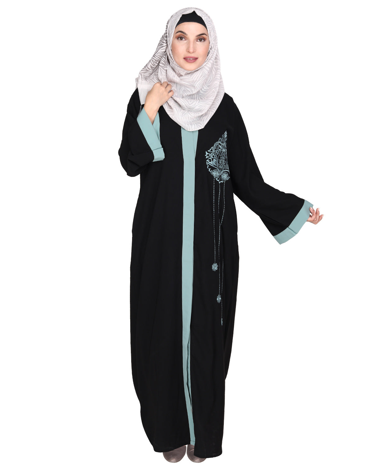 Contemporary jacket type front open abaya with stylish laced sleeves Black & Sage