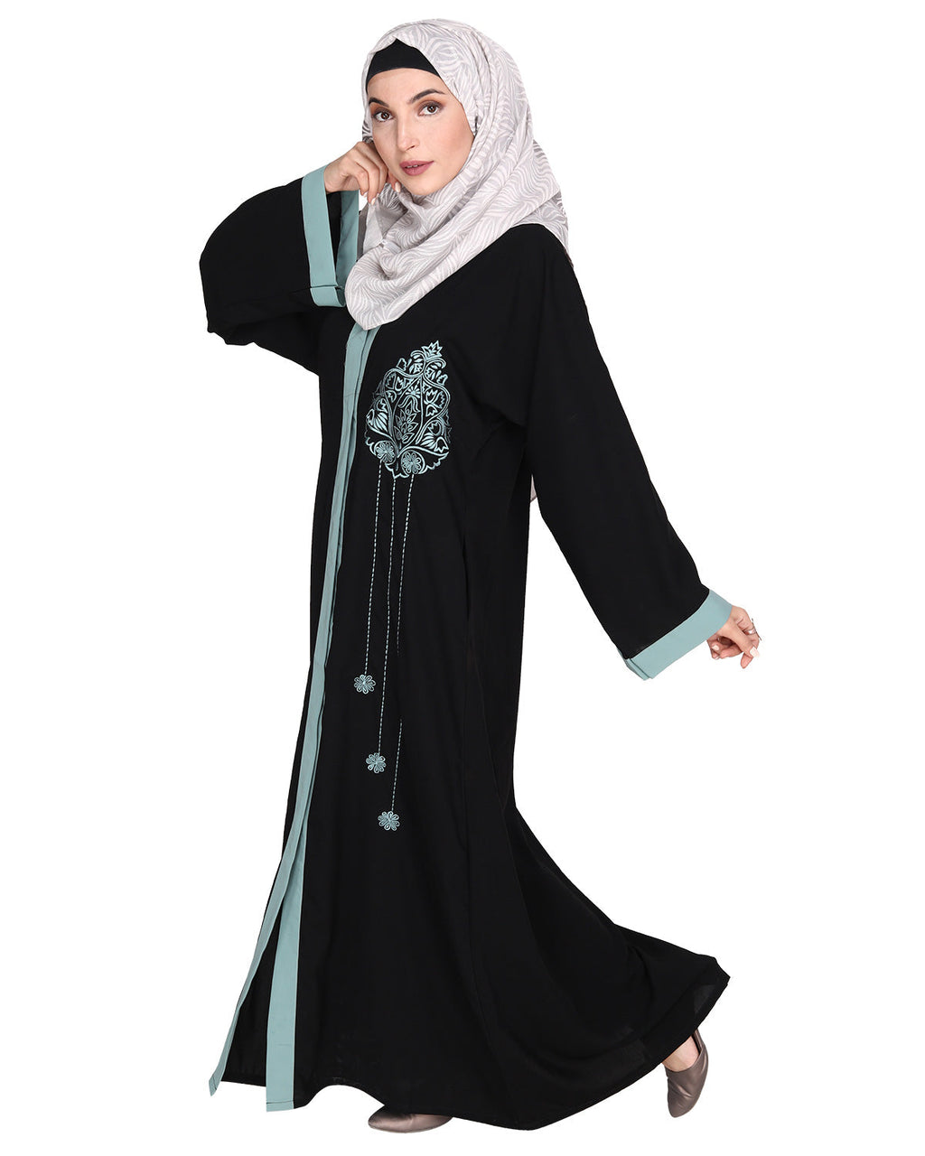 Contemporary jacket type front open abaya with stylish laced sleeves Black & Sage