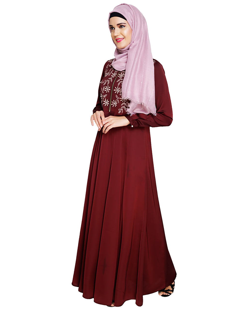 Beautiful Embroidered Abaya Yoke Wine