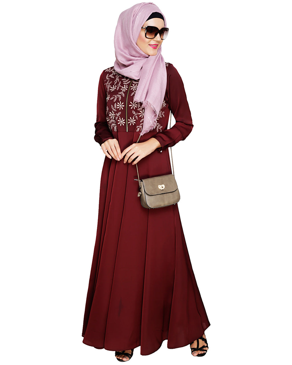 Beautiful Embroidered Abaya Yoke Wine