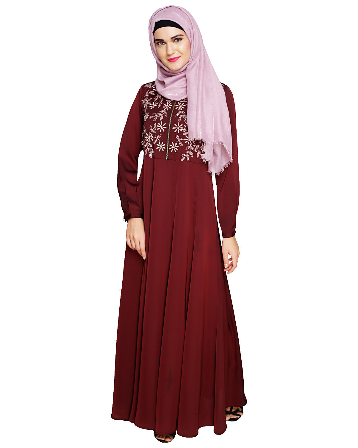 Beautiful Embroidered Abaya Yoke Wine