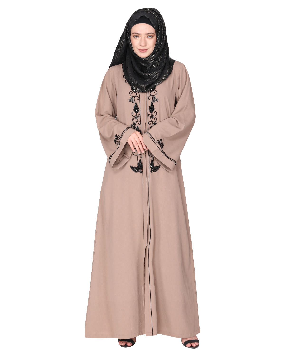 Scintillating jet beaded embroidered front open beige abaya