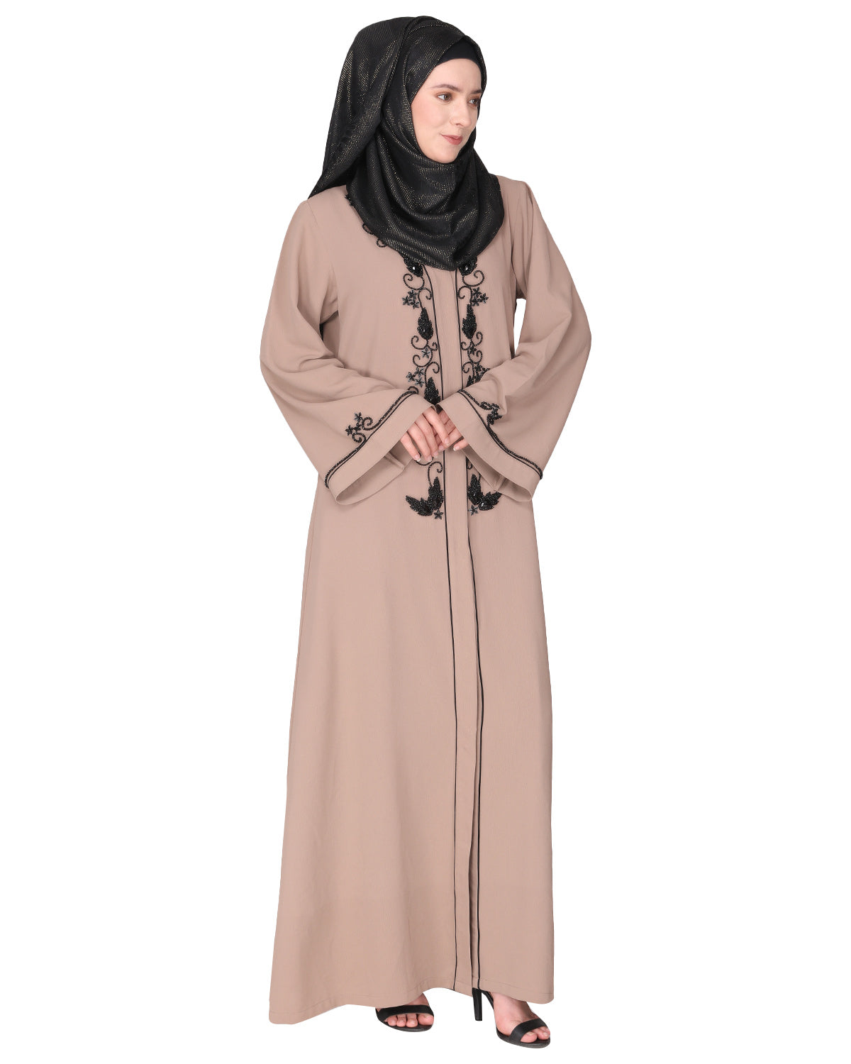 Scintillating jet beaded embroidered front open beige abaya