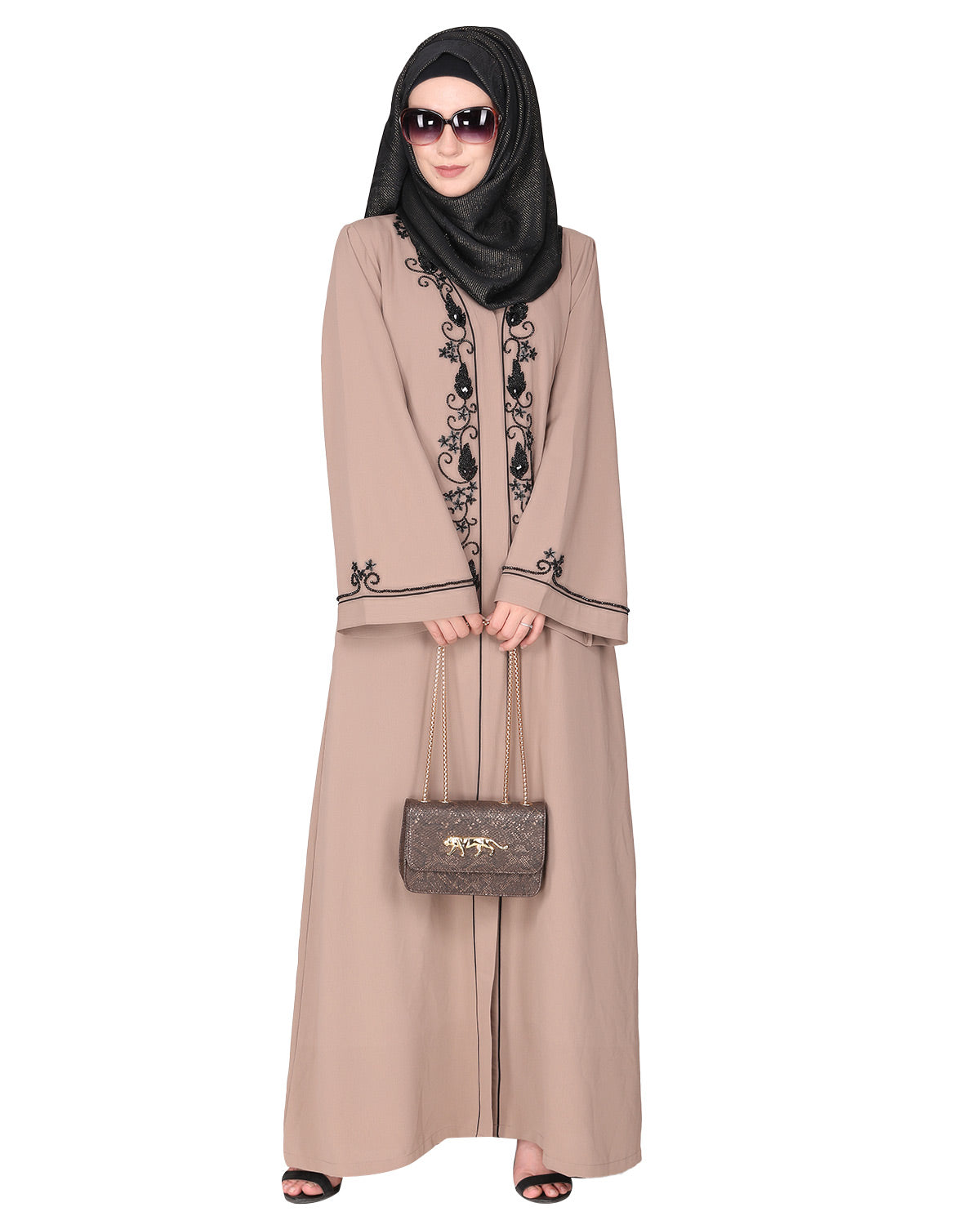 Scintillating jet beaded embroidered front open beige abaya Beige