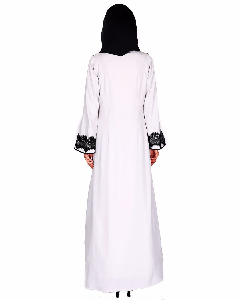 Grey Abaya With Embellished With Black Lace Detailing Grey & Black