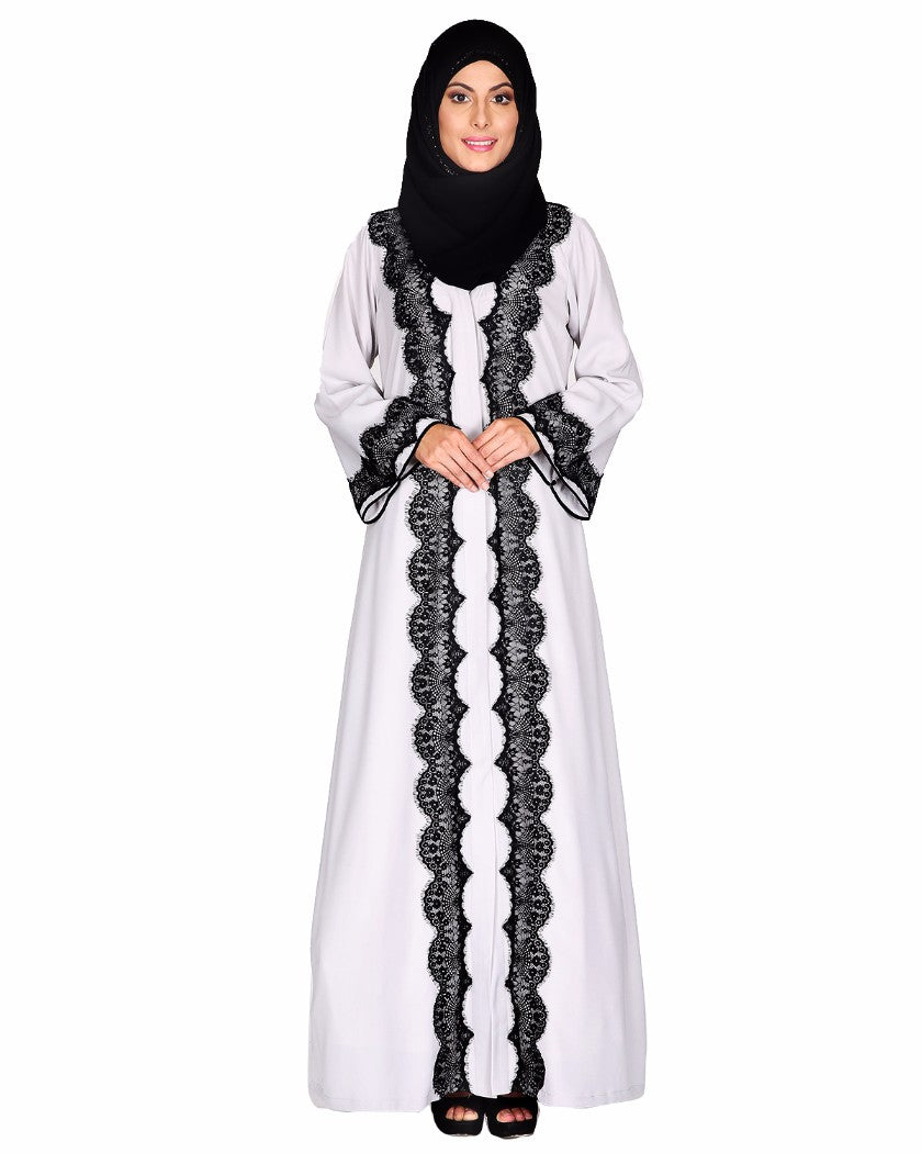 Grey Abaya With Embellished With Black Lace Detailing Grey & Black