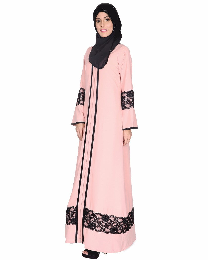 Peachish Pink Abaya With Black Lace Detaling Pink