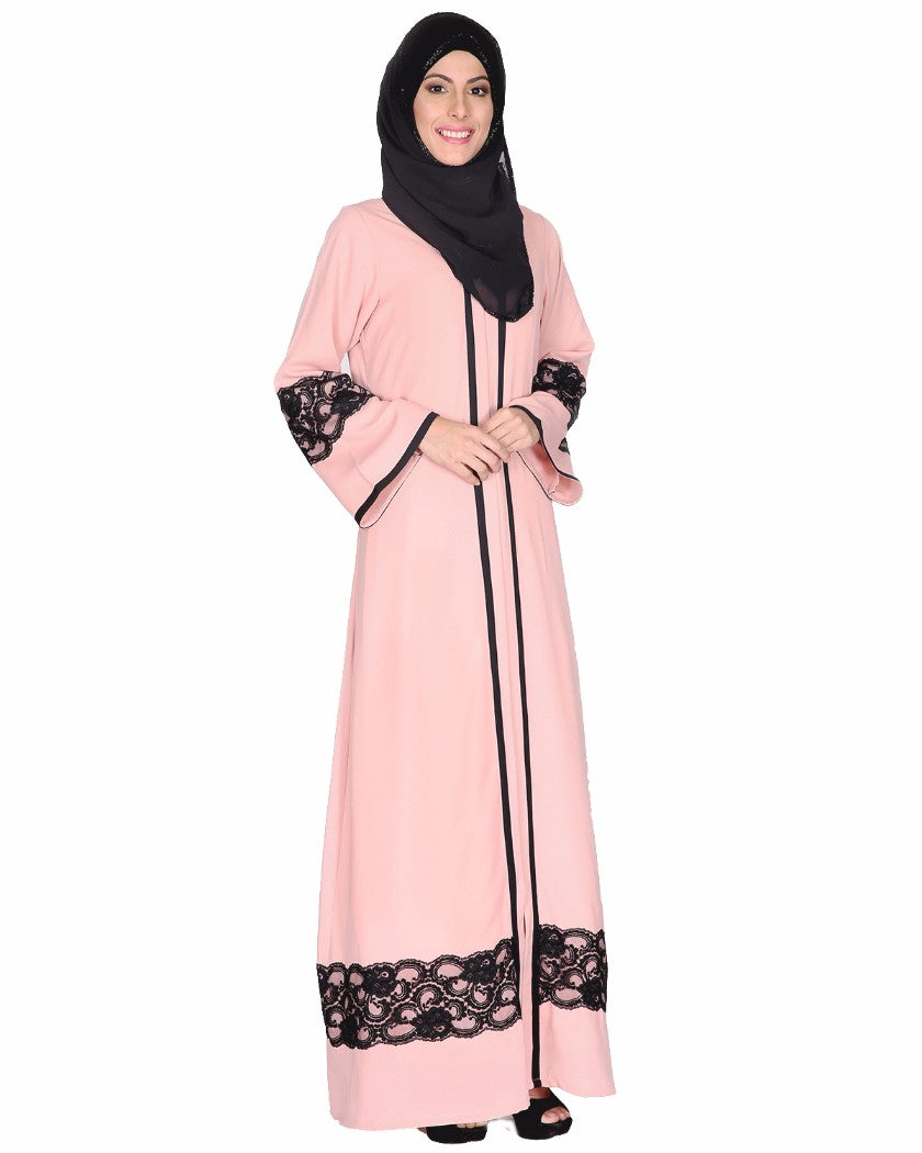 Peachish Pink Abaya With Black Lace Detaling Pink