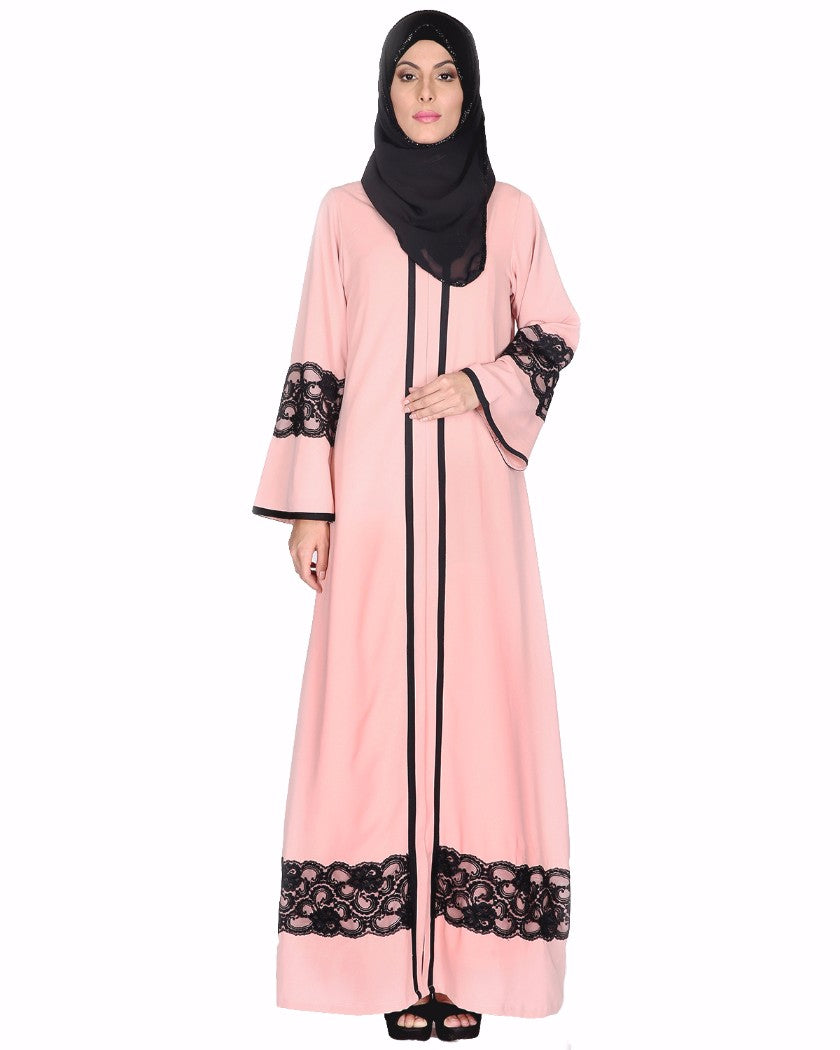 Peachish Pink Abaya With Black Lace Detaling Pink