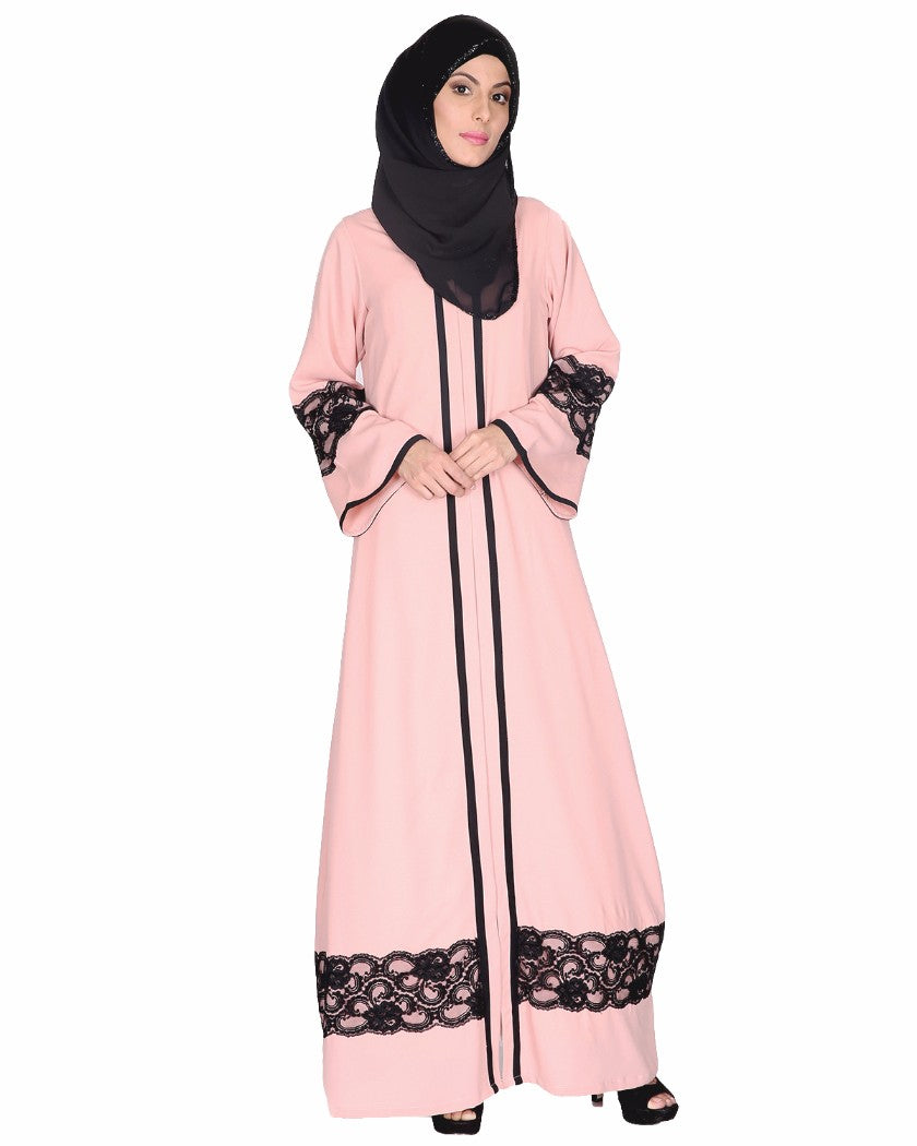 Peachish Pink Abaya With Black Lace Detaling Pink